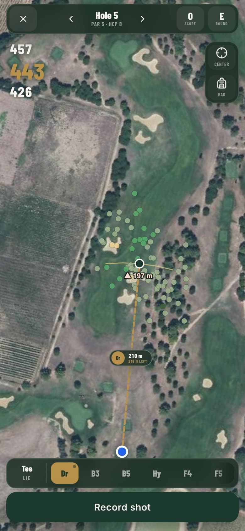 GPS caddie on course, satellite view of the hole and dispersion